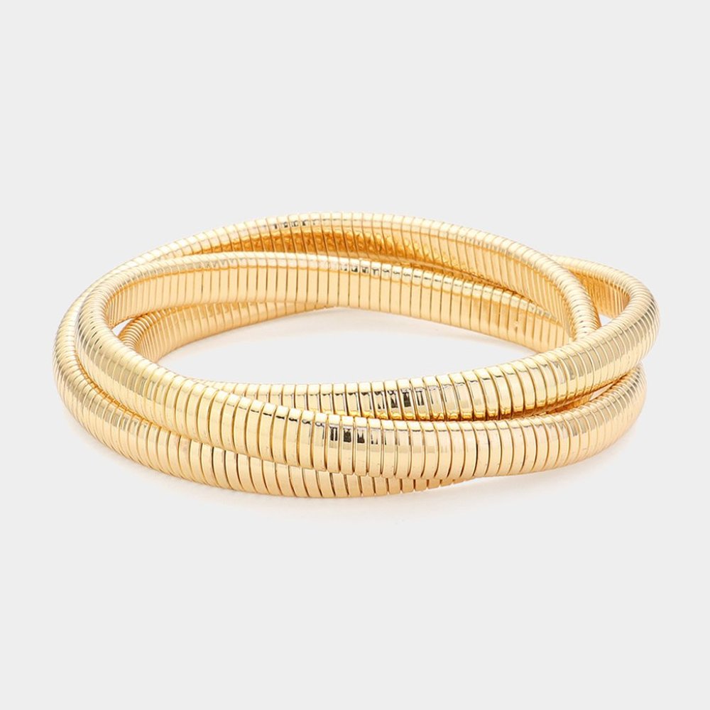 Triple Textured Metal Strand Bangle Bracelet Gold